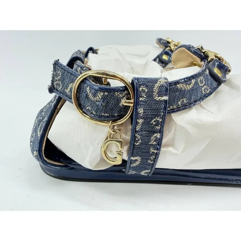 GUESS GFSIA Womens Navy Gold Logo Chain Thong Sandals Size 7 Pre-Owned